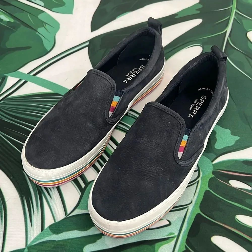 * Sperry top sider navy boat shoe with blue orange pink striped trim